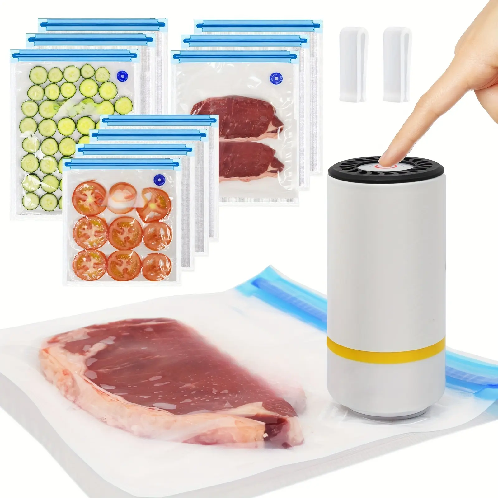 Cordless Uncorded Pocket-Sized Portable Vacuum Sealer Machine, Rechargeable Handheld Food Vacuum Pump with Reusable Bags, 1-Touch Automatic Air Sealer for Meat Preservation, Compact Kitchen Food Saver (Fits Any Kitchen Drawer)