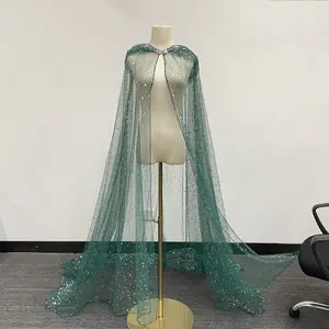 Hooded Green Wedding Cape, Shimmer Star Tulle Cape, Fairy Bridal Cape,Glow In The Dark Cape Veil, Custom Length Cape