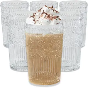Kate Aspen Vintage Textured Clear Striped Drinking Glasses Set of 6, (13 oz) Ribbed Glassware Set with Flower Design | Cocktail Set, Glass Cups, Iced Coffee Cup