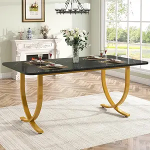 Tribesigns Rectangular Dining Table for 4, 63 Inches Modern Kitchen Table with Faux Marble Table Top and Metal Legs for Dining Room, Kitchen, Black & Gold