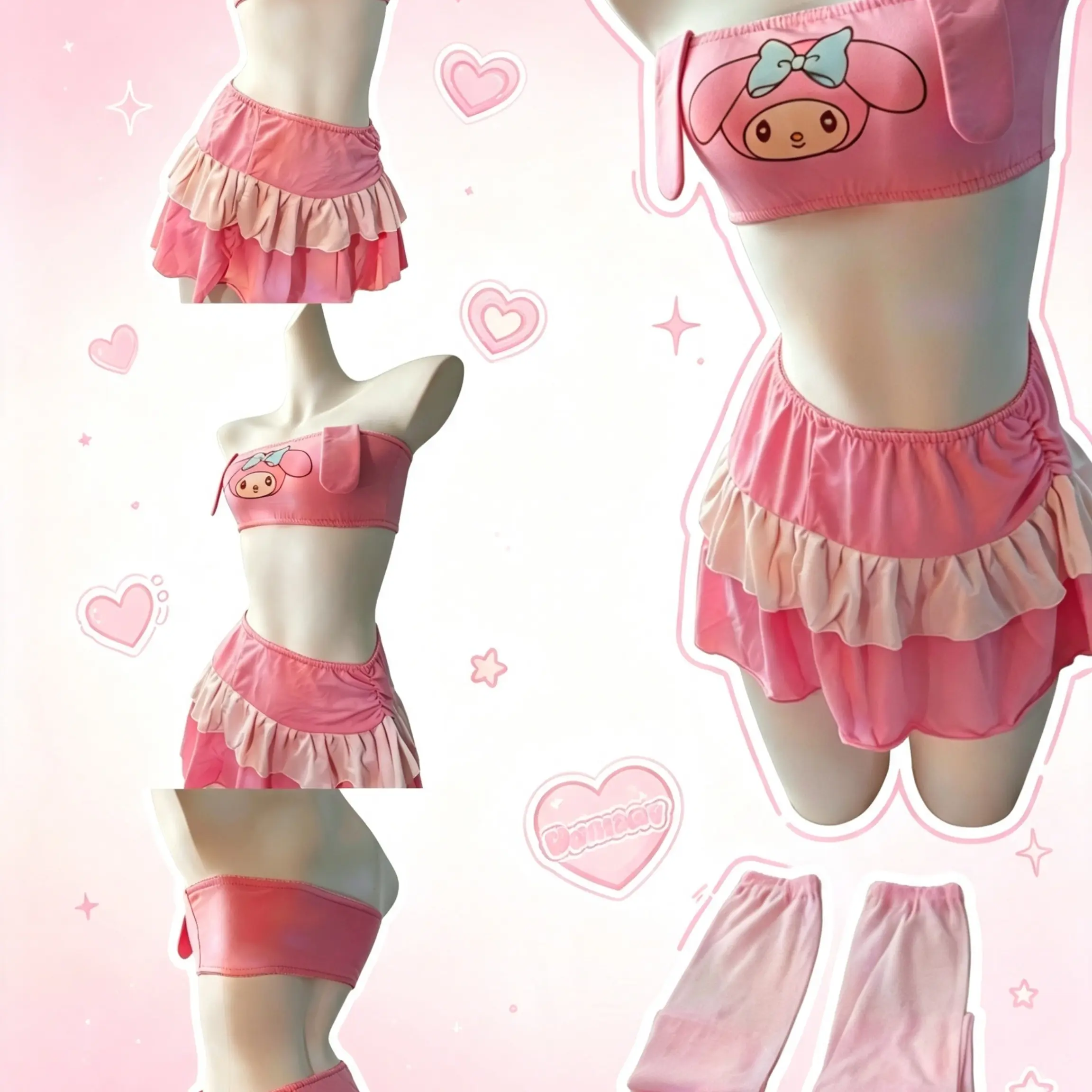 Women's Pink My-Melody Cartoon Cosplay 2-Piece Clothing Set, Tube Tops, 3D Ears, Character Print, Elastic Waist, Machine Washable Cute Womenswear Set