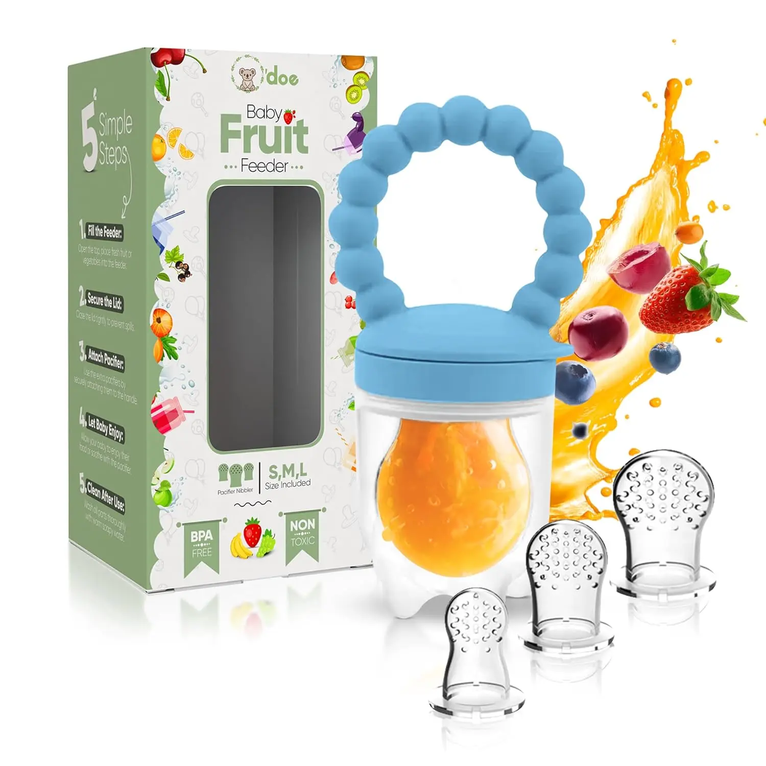 Unisex BPA-Free Silicone Baby Mesh Feeder Pacifier Complete Set - 3 Nipples, Detachable Parts, Teether, Food Soother, Easy to Use & Clean, Safe & Baby-Friendly for 3-24 Months Infants (Feeding Fresh Fruits/Purees, Teeth Relief)
