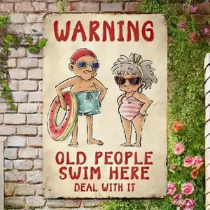 Funny Pool Metal Sign "Old People Swim Here" Metal Pool Sign Rustic Indoor Decor Waterproof Outdoor Sign Outdoor Wall Art For Home Bar Man Cave Pool House Humorous Design Durable