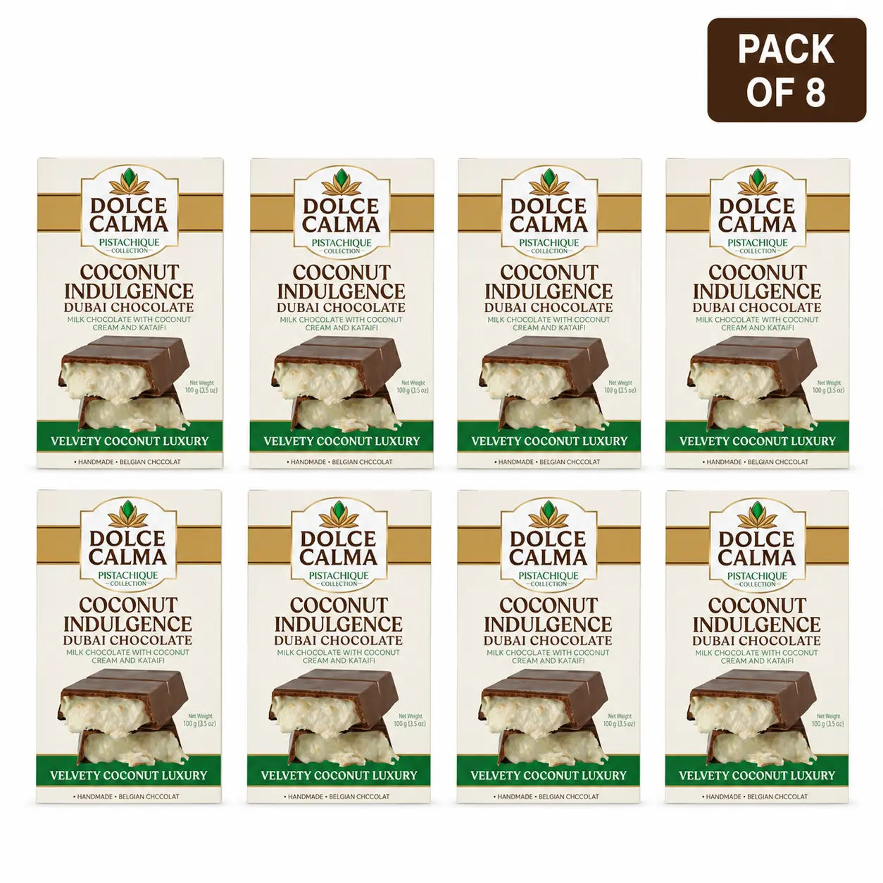 Dolce Calma Coconut Dubai Chocolate Bar Ships With Two Ice Gel Packs (100g / 3.5oz) – Authentic Handmade Belgian Chocolate with Turkish Pistachio & Crispy Kataifi, Kunafa Filling, No Palm Oil, Pack of 8