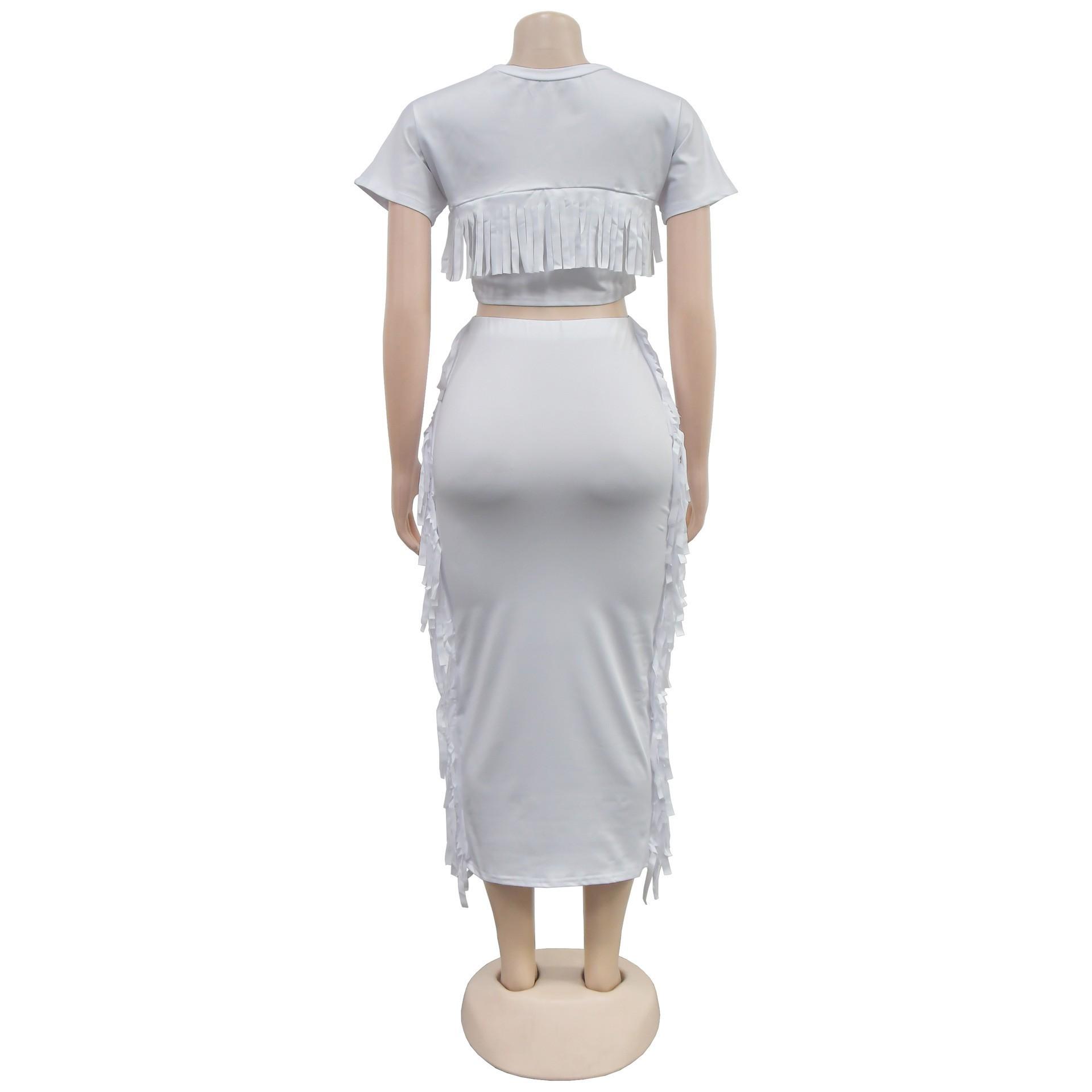 FashionableStyle Solid Color Fringe Round Neck Short Sleeve Long Dress Two-Piece Set