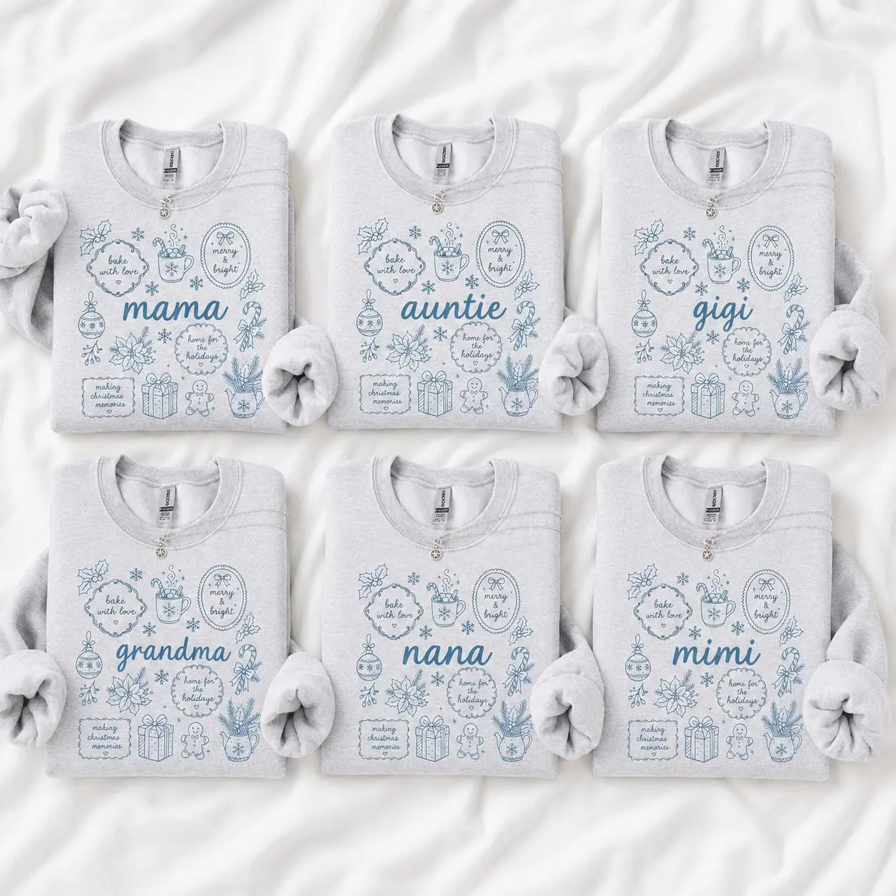 Custom Grandma Christmas Sweatshirt, Personalized Name Bake With Love Merry & Bright Holiday Doodle Sweater for Nana Mama Mimi Gigi Auntie - BABINO HOUSE