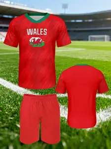 Kids Football Jersey Set, Wales National Team Home Kit, Short Sleeve T-Shirt & Shorts, Suitable for Boys Girls 3-14, Breathable Sports Wear