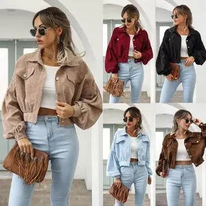 Women'sPlainPocketButtonFrontLanternSleeveRuchedJacket,CasualDropShoulderLongSleeveCollarOuterwearforDailyWear,LadiesClothes