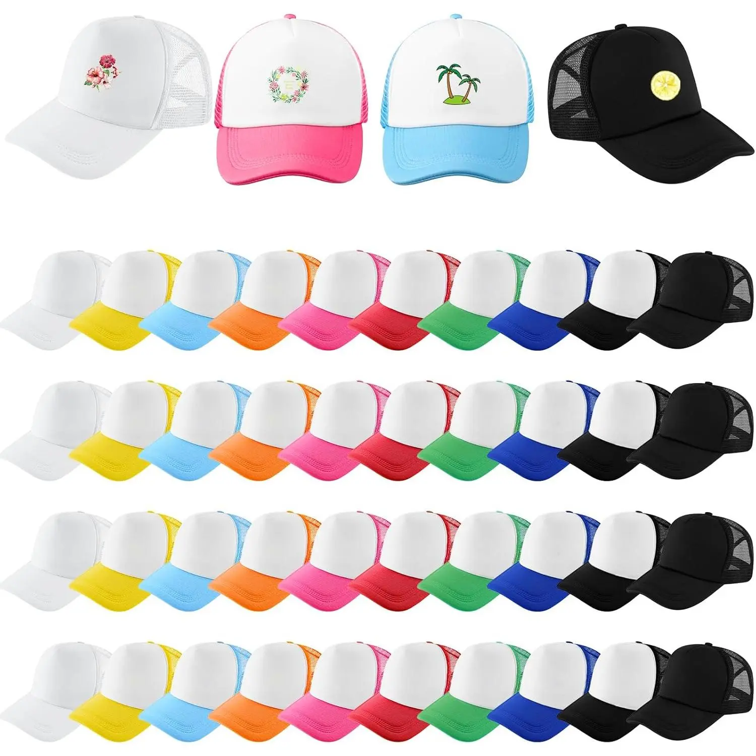 40-Pack Bulk Classic Trucker Hats, Blank Polyester Breathable Mesh Caps for DIY Sublimation, Unisex Adjustable Outdoor Cap
