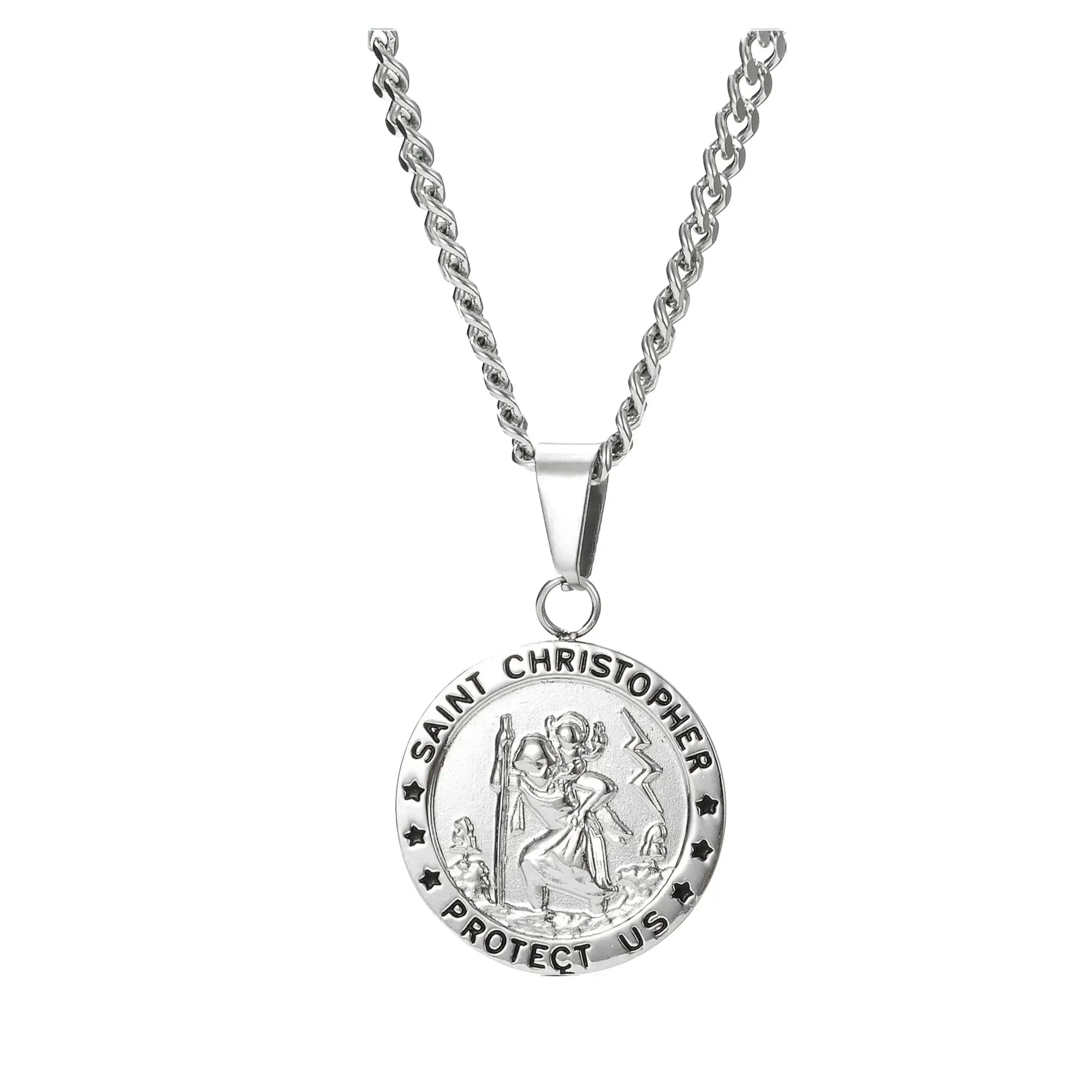 ORAZIO St Christopher Medal Necklace Silver 316L Stainless Steel Saint Christopher Necklace for Men Women Religious Amulet Pendant Christian Gifts 22/24 Inch