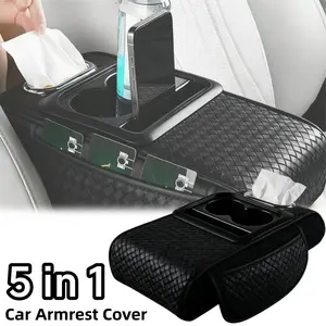 5 in 1 Armrest Cover for Car, Car Armrest Cushion with Cup Holder Phone Mount Storage Bags, 13.4x7.7x3 inch [NAPA Leather] Center Console Cover with Tissue Box, Universal Car SUV Truck Pickup Armrest Storage Box Car Interior Accessories