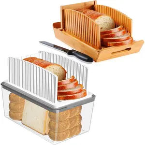 Bread Slicer with Bread Box and Bamboo Bread Slicer with Knife, Bread Slicing Guide Width, Foldable and Compact Cutting Guide with Crumb Tray, Suitability for Homemade Bread, Bagels, Cakes.