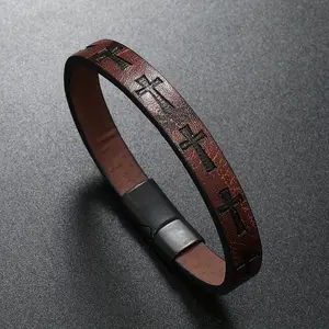 Men's Retro Style Woven Faux Leather Bracelet, Alloy Cross Design and Magnetic Clasp, Adjustable Brown Wristband - Casual European and American Style