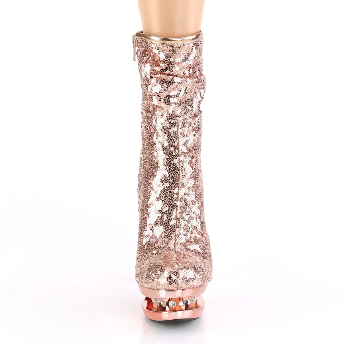 Rose Gold Sequin Ankle Boot with Ruched Detail, Rhinestone Accents, Side Zip and a 6-Inch High Heel, Footwear, Platform, Women, Rhinestones, Shoe, Gold Heels, Ankle Length, Two Tone