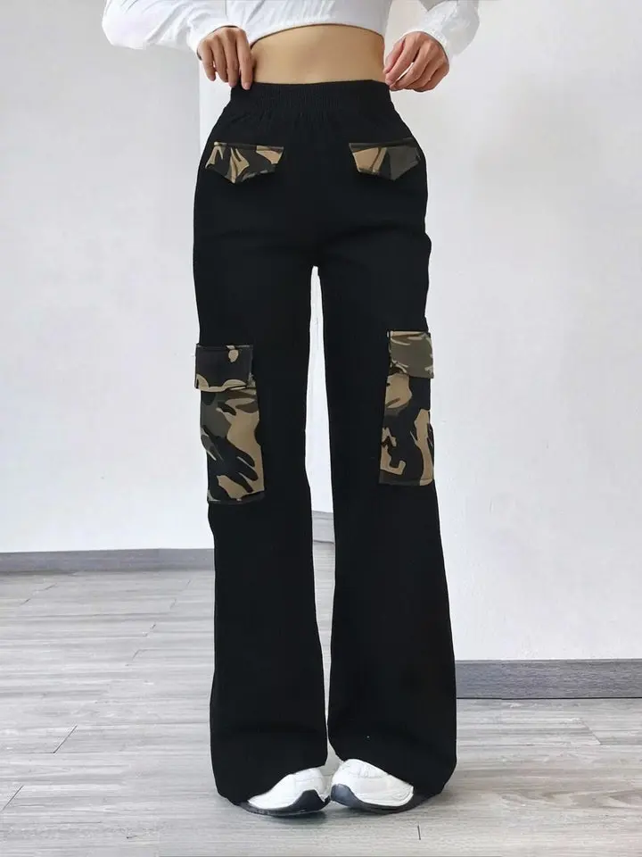 women's camouflage overalls Women's Camo Stitch Pocket Overalls Loose Black