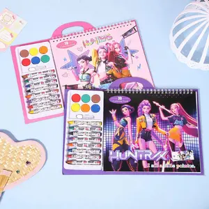 2PCS Huntrx Demon Girl Group Cartoon 3D Drawing for Watercolor Coloring Kindergarten Gift Acrylic Paint Brushes Artistry Canvas Palette