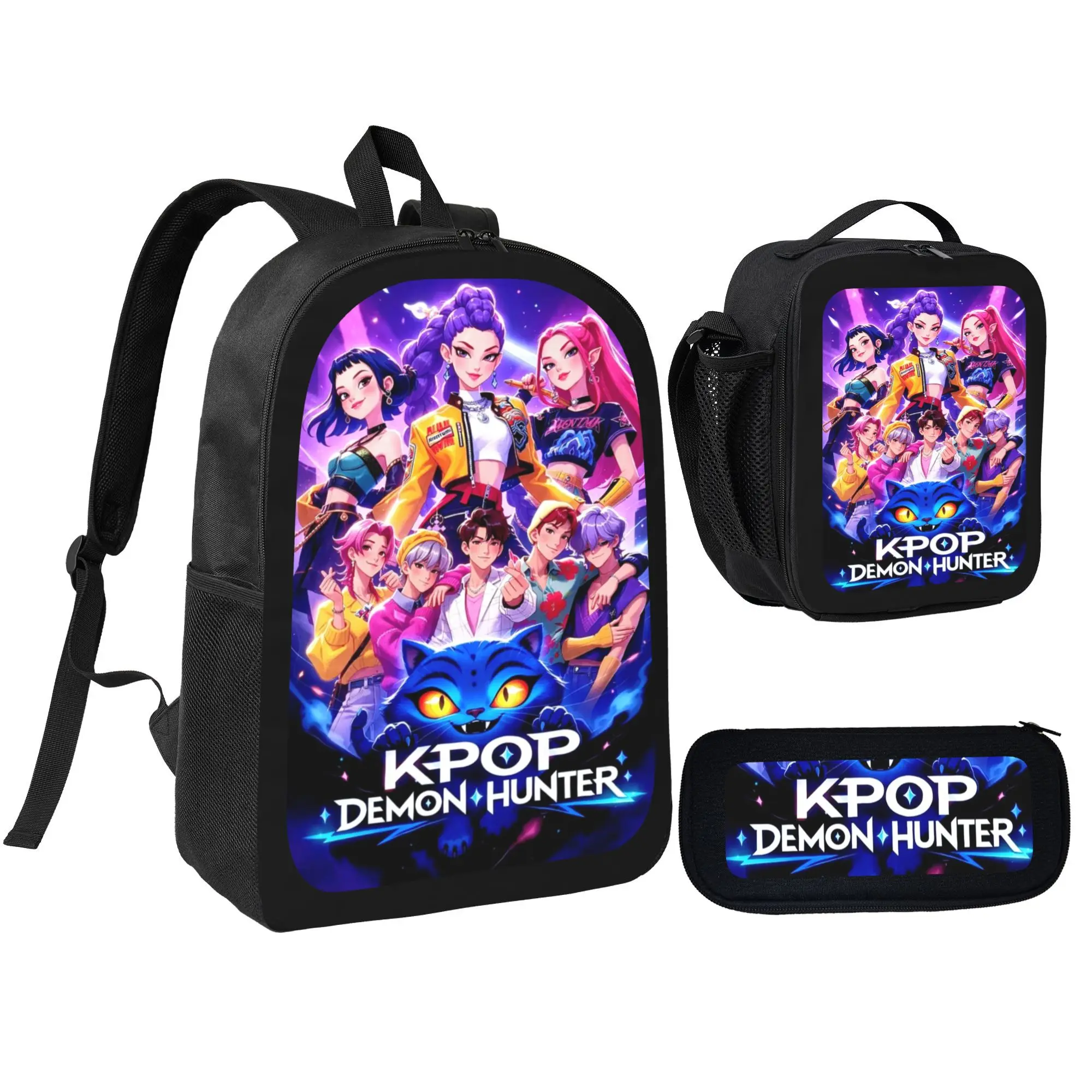 Kpop Cartoon Character Print KDH Backpack Combo Kit, Lightweight Daypack With Thermal Lunch Tote And Stationery Case