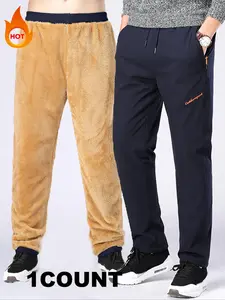 Men's Outdoor Warm Thick Fleece-lined Casual Fitted Pants, windproof, waterproof, breathable and fashionable Plain Color Pants, Hiking Pants for Fall & Winter, Casual Comfy Warm