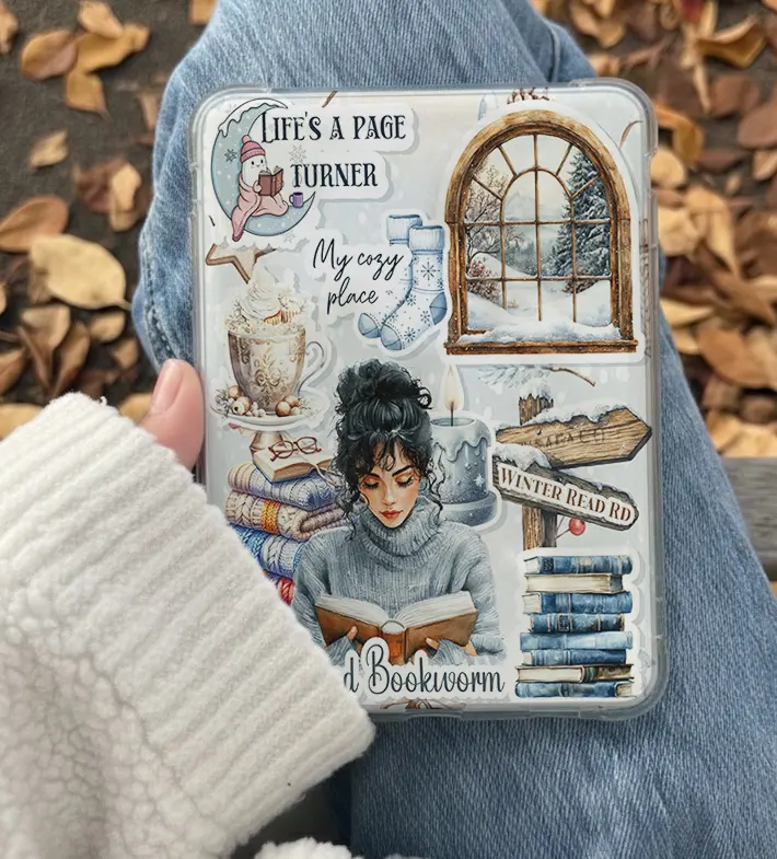 Winter Blue Kindle Insert for Clear Device Cases, Ebook Reader Accessory, Aesthetic Book Lover Decor, Cozy Reading Add-On