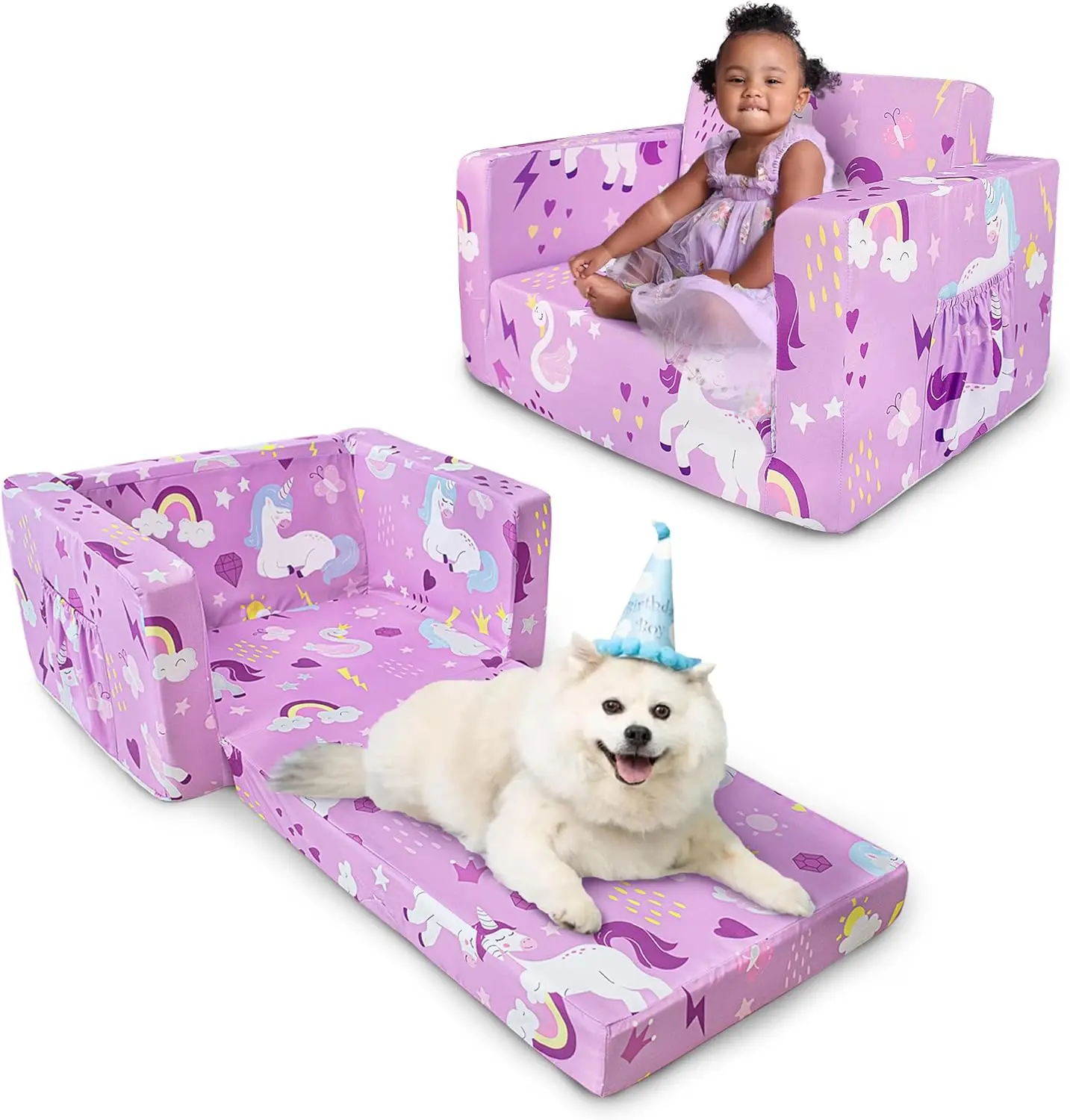 Primlect Toddler Couch - 2-in-1 Foldable Kid-Safe Sofa, Comfy Fun Furniture for Kids, Convertible to Lounger Ideal for Napping, Reading