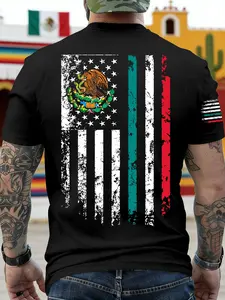 Men's Casual American Style Ink Print T-Shirt, Round Neck, Streetwear Usa Flag + Mexico Coat of Arms, Short Sleeve, Loose Fit, Comfortable Design, Casual Trendy Tee, Casual Stylish Tee, Menswear