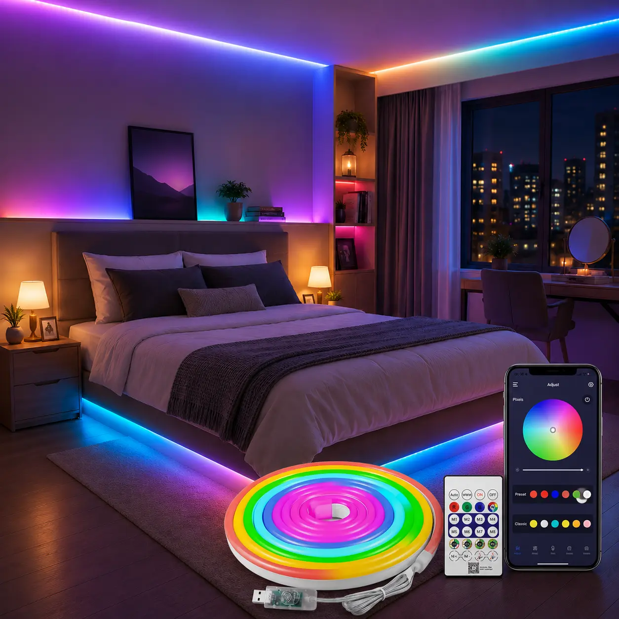 College Dorm Neon Lights, 5M RGBIC USB Powered Light Strip with Bluetooth App, Remote Control and Music Sync, Flexible Room Decor for Dorm Bed, Wall, Desk and Back-to-School Setup