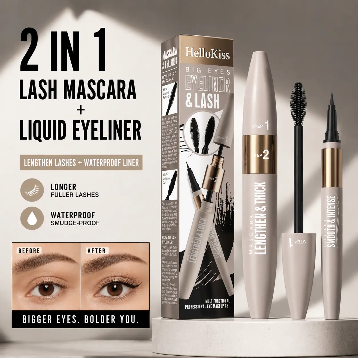 2-in-1 Lengthening Mascara & Waterproof Liquid Eyeliner Set, Dual-Ended Eye Makeup Kit with Dense Spiral Brush & Ultra-Fine Felt Tip, Smudge-Resistant Precise Liner, Volumizing Lash Definition for Daily Work, Travel, Party, Gym & Beginner Friendly Looks