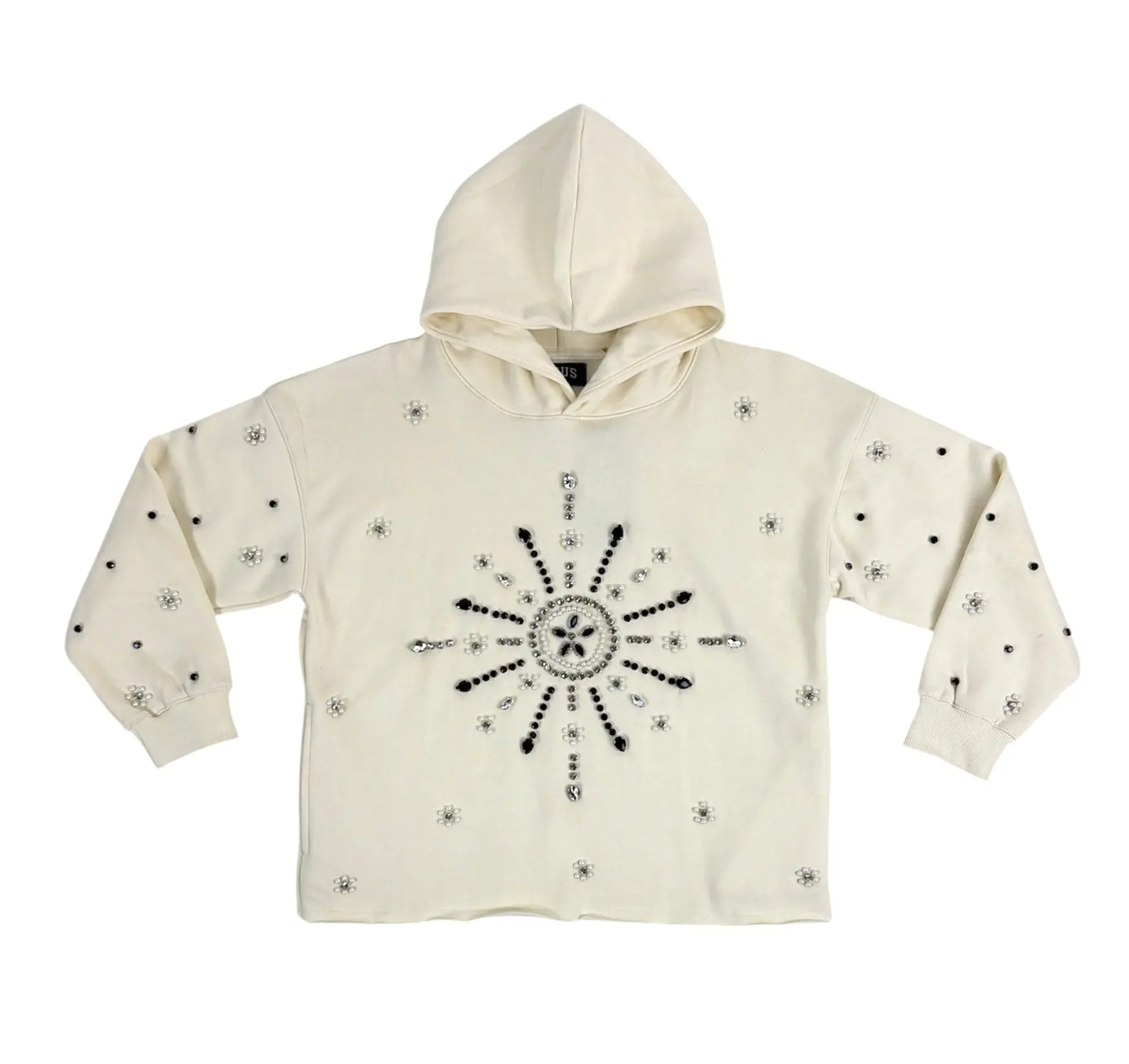 Men's Handmade Starburst Sweatshirt, Ivory Streetwear Pullover with Rhinestone Embellishments in Soft Heavyweight Cotton Fabric, Sweatshirts, Rhinestones, Hoodie, Relaxed, Casual, Menswear, Tops