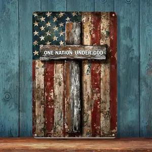 2D Flat Decorative Signs & Plaques America 250th Anniversary One Nation Under God Christian Cross Metal Tin Sign 8"X12" - Waterproof, Weather-Resistant, Matte Finish, Perfect For Kitchen & Home Decoration, Patriotic Gift