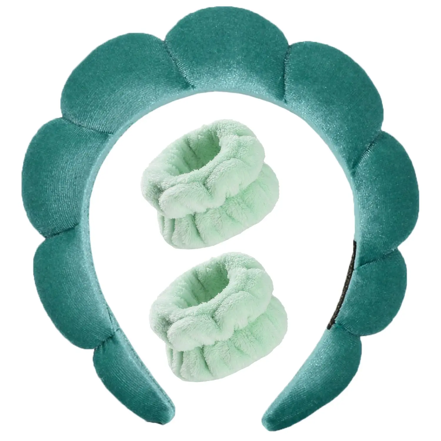 Spa Headband for Washing Face with Wristbands, Soft Velvet Makeup Headband for Women, Skincare Hair Wrap with Face Wash Bands & Sponge Puff – Green