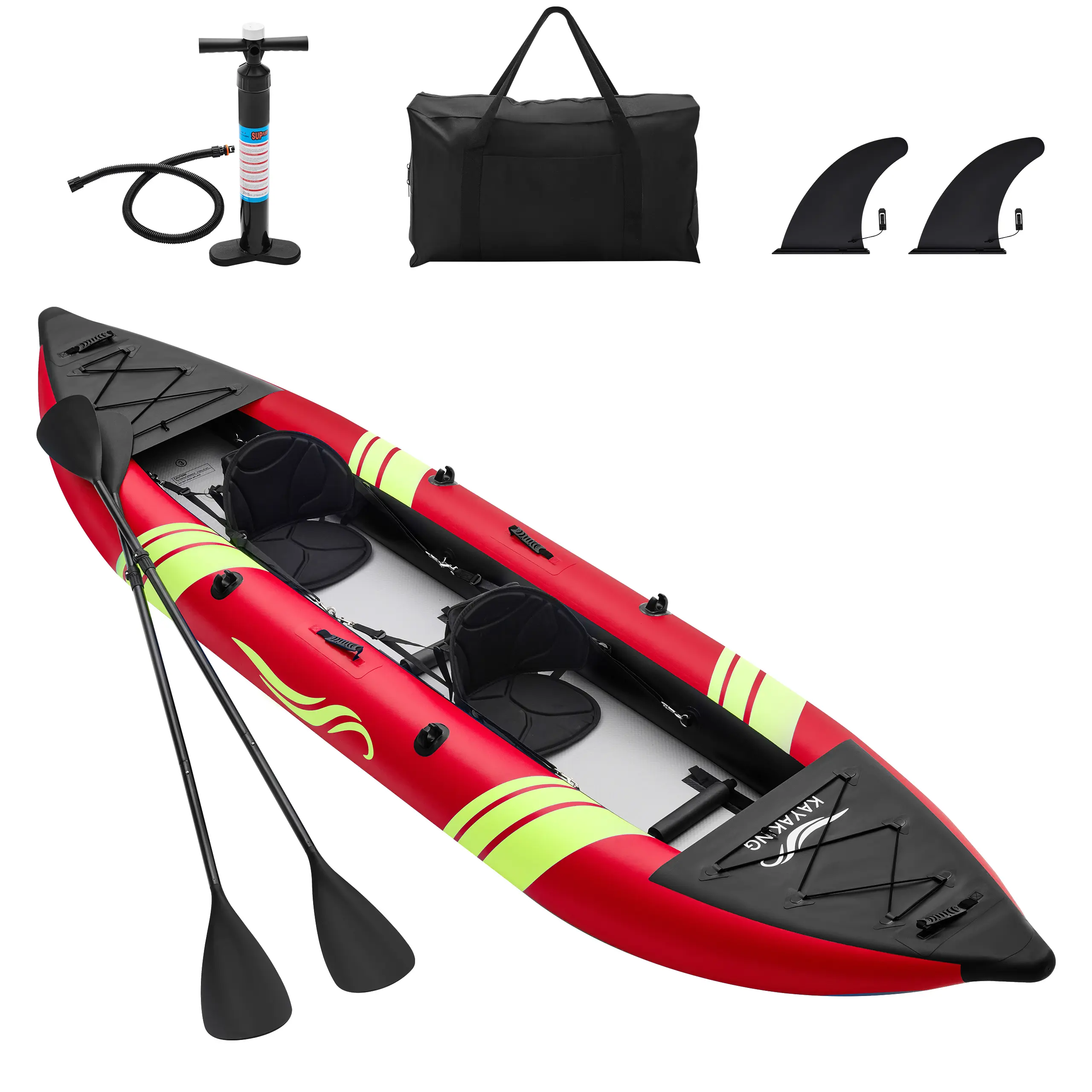【Summervibes】Tandem Inflatable Kayak, 12.5FT 2-Person Kayak with Glow-in-the-Dark Hull, 507LBS Capacity, 2 Aluminum Paddles, 2 Padded Seats, Hand Pump, Carry Bag, Portable Fishing Touring Kayak for Adults