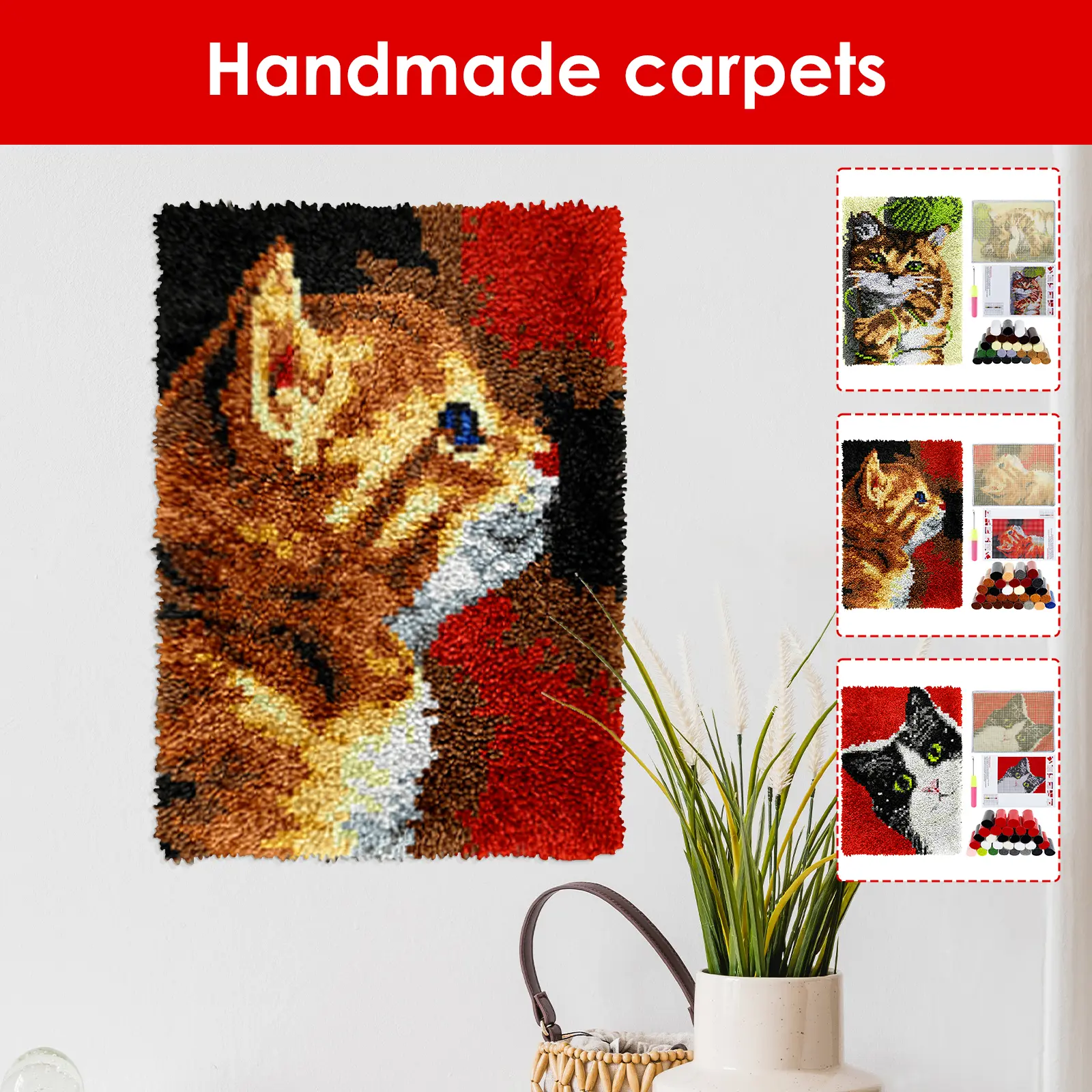 Animal Cat Style Latch Hook Rug Kit, Pre-Printed Bright Color Crafts Kit for Beginners, Ideal for Crochet for Beginners & DIY Enthusiasts