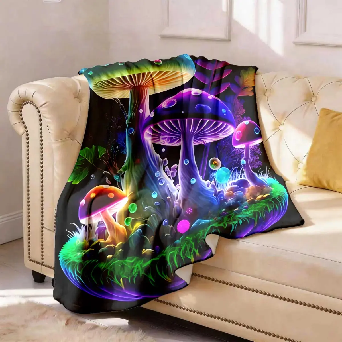 Neon fantasy mushroom-pattern flannel blanket, large size, soft and lightweight, suitable for all seasons—an ideal choice for the bed, sofa, office, camping, and travel.