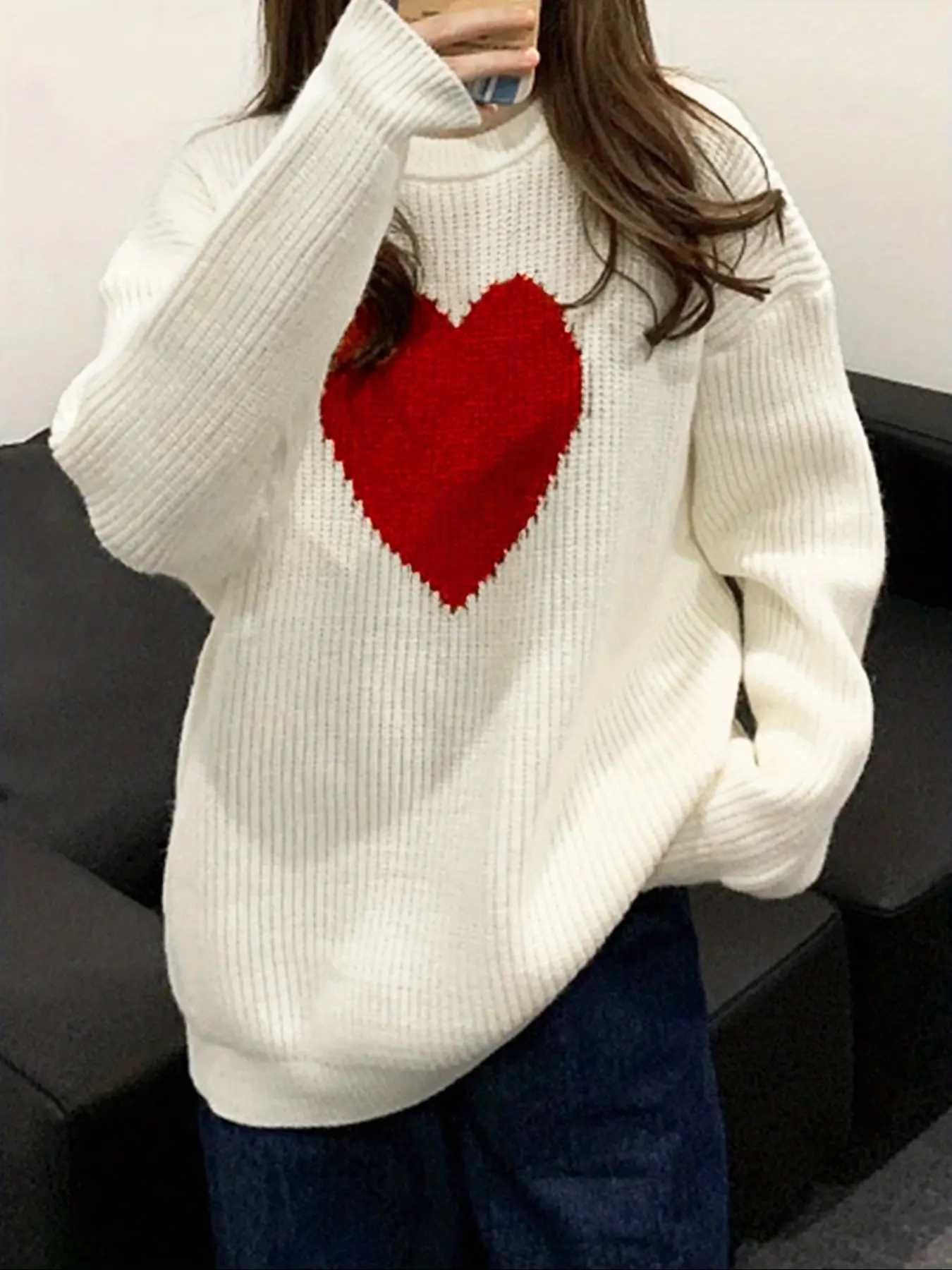 Women's Heart Pattern Sweater, Cute Oversized Pullover with Round Neck, Casual for Valentine's Day, Knit Top