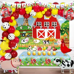 90 Pcs Farm Party Decorations Farm Animal Themed Birthday Party Decorations Backdrop Balloon Arch Garland Banner Tablecloth Cake Cupcake Topper Barn Animals Red Yellow