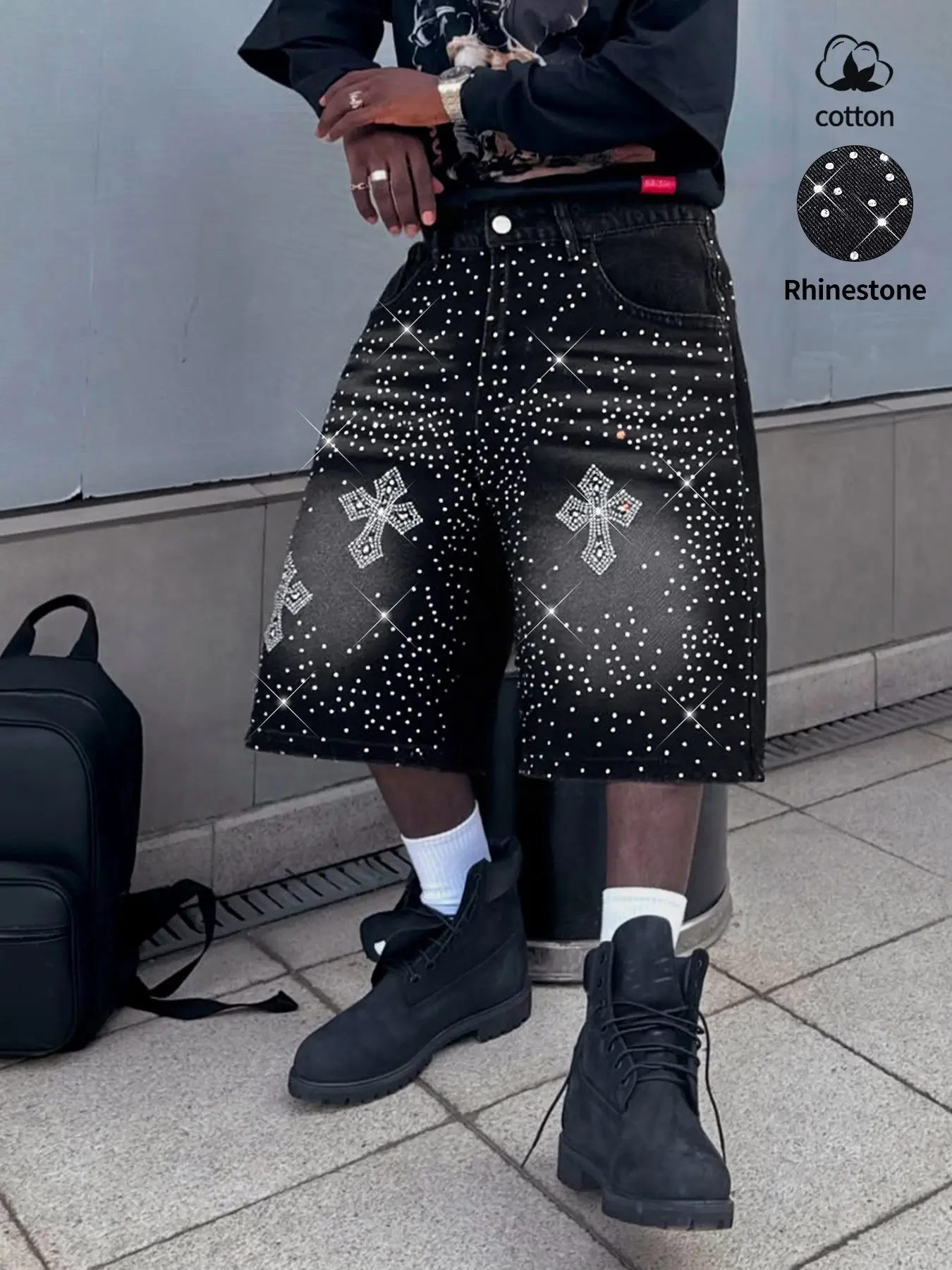 Diamond-studded casual jeans, black fully-studded cross-shaped casual baggy denim shorts, American street style, avant-garde casual denim cropped pants, fashion trends, suitable for men with taste