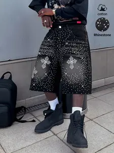 Diamond-studded casual jeans, black fully-studded rhinestone embellishment cross-shaped casual cotton denim shorts, American street style streetwear, avant-garde casual denim cropped pants, fashion trends, suitable for men with taste