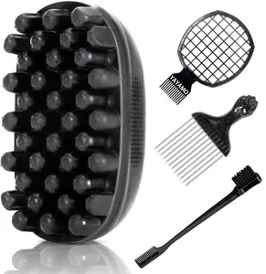 Professional 4-in-1 Grooming Kit for Black Hair, Upgraded Silicone Twist Brush with Stainless Steel Fist Pick, Mesh Comb & Dual-Ended Edge Brush for Coils and Twists