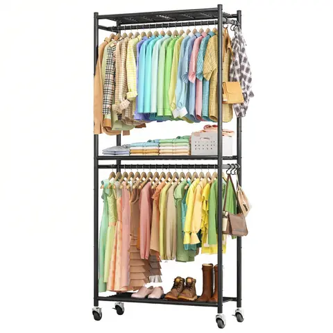 Black Iron Spray-Coated Freestanding Clothes Rack - 2-Layer Storage Shelves, Stable Heavy-Duty High-Capacity Holder, Multifunctional Home Organizer, Small-Space Hero, Fitting Closet/Laundry Room, Keeps Clothes Neatly Hung, Box Packed