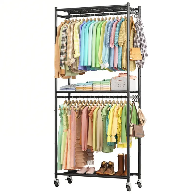 Black Iron Spray-Coated Freestanding Clothes Rack - 2-Layer Storage Shelves, Stable Heavy-Duty High-Capacity Holder, Multifunctional Home Organizer, Small-Space Hero, Fitting Closet/Laundry Room, Keeps Clothes Neatly Hung, Box Packed