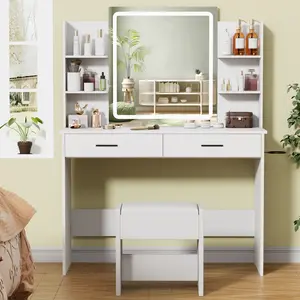 White Makeup Vanity Set, Adjustable Vanity Desk with Stool, Dressing Table with Mirror Lights, Christmas Gift