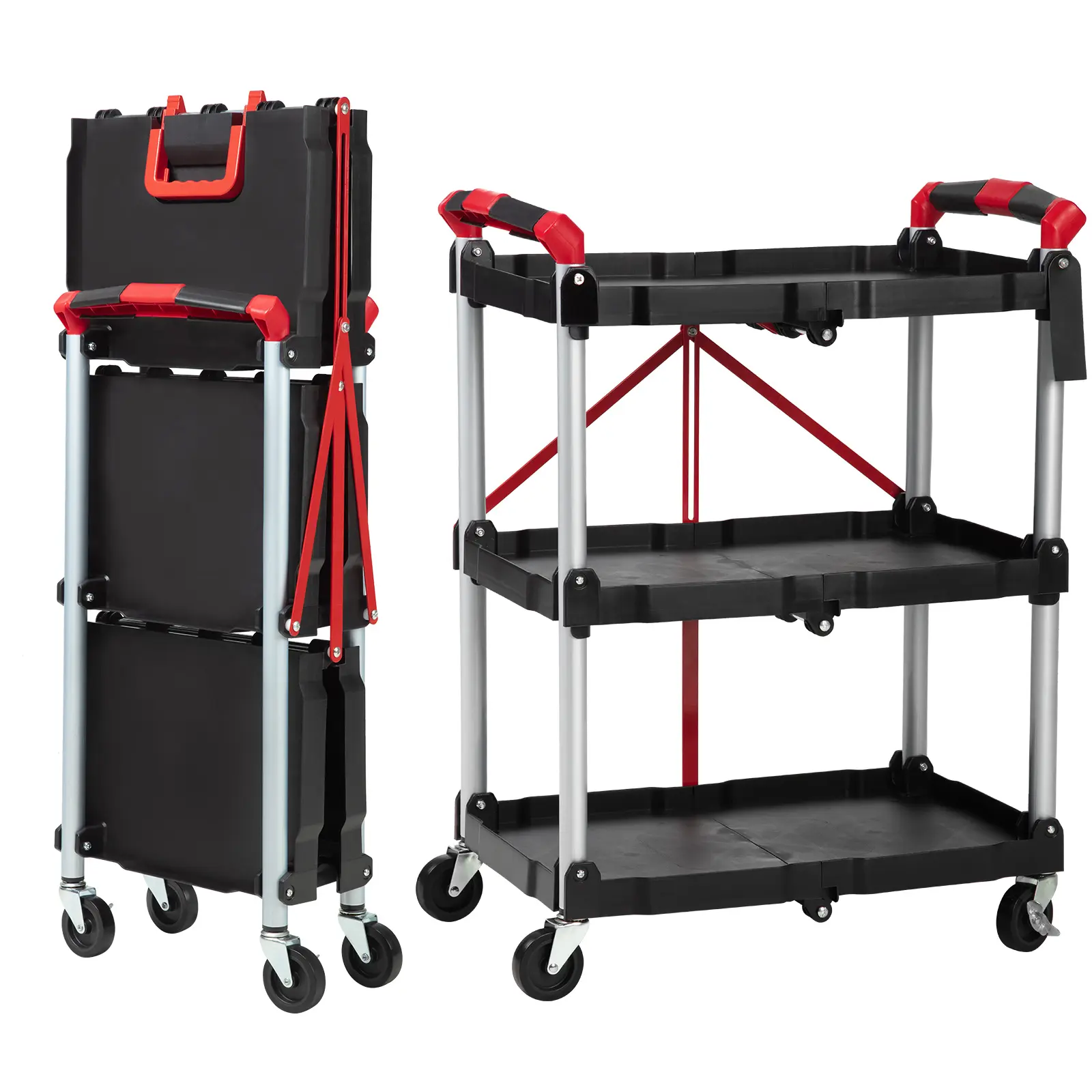 Folding Utility Cart, 3-Tier Rolling Tool Cart w/Lockable Wheels, Foldable Utility Service Cart, 165LBS Heavy Duty Plastic Rolling Cart, Portable Folding Service Cart for Office, Garage, Kitchen