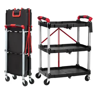 Folding Utility Cart, 3-Tier Rolling Tool Cart w/Lockable Wheels, Foldable Utility Service Cart, 165LBS Heavy Duty Plastic Rolling Cart, Portable Folding Service Cart for Office, Garage, Kitchen