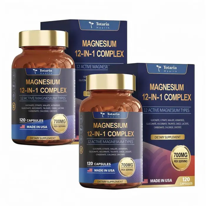 2X Totaria 12-in-1 Magnesium Complex 700mg - Supplement with Glycinate Citrate Malate Oxide Taurate Aspartate Orotate, Vegan Capsules for Muscle, Heart, and Relaxation Support Fitness Healthy