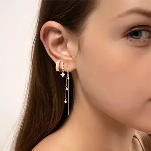 Tewiky Gold Chain Earrings Set - 3/4 Pair Dangling Delicate Stacking Hoop Earring Set with Cubic Zirconia Stud for Women,With beautifully packaged gifts, Perfect for Any Occasion Daily & Party Decoration