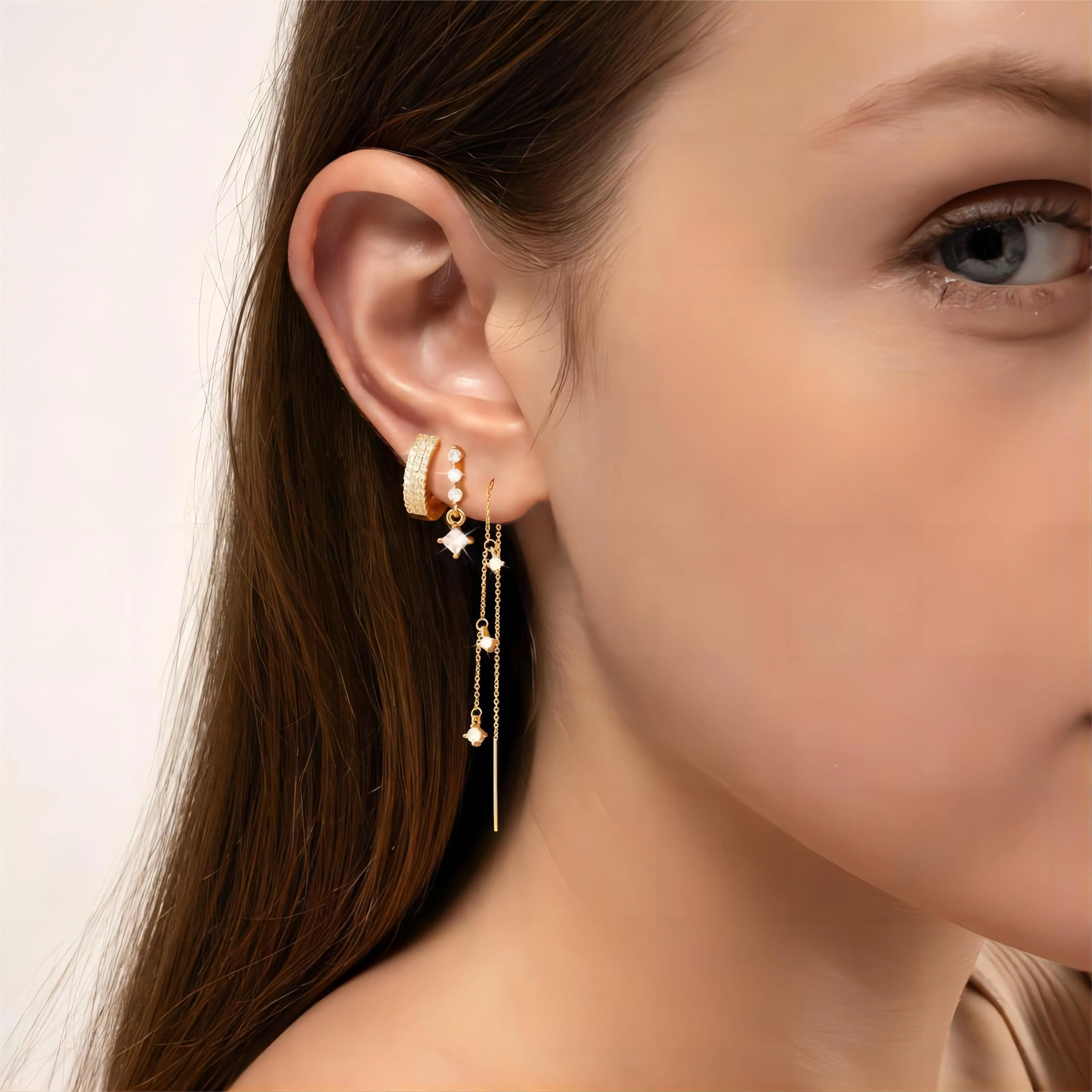 TEWIKY Women's Elegant Gold Finish Ear Stacking Earrings - 3/4-Pair Dangling Delicate Stacking Hoops with Cubic Zirconia Studs, Hypoallergenic, Lead & Nickel Free, Waterproof, Lightweight, Gift-Ready Packaging for Daily & Party Use
