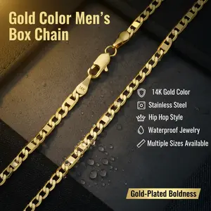 Men's Box cuban link Chain Necklace 3mm 5mm 6mm 8mm | 14K Gold Plated Stainless Steel | Hip Hop Square  Chain | Waterproof Street Jewelry