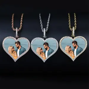 Custom Photo Picture Memory Medallions Heart Pendant Hip Hop Bling Jewelry Cubic Zircon Heart Necklace