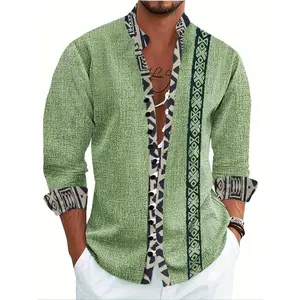 Men’s Casual Fashion Ethnic Style Long Sleeve Shirt, Geometric Pattern, High-Quality Fabric, Artistic Design, All Seasons Wear