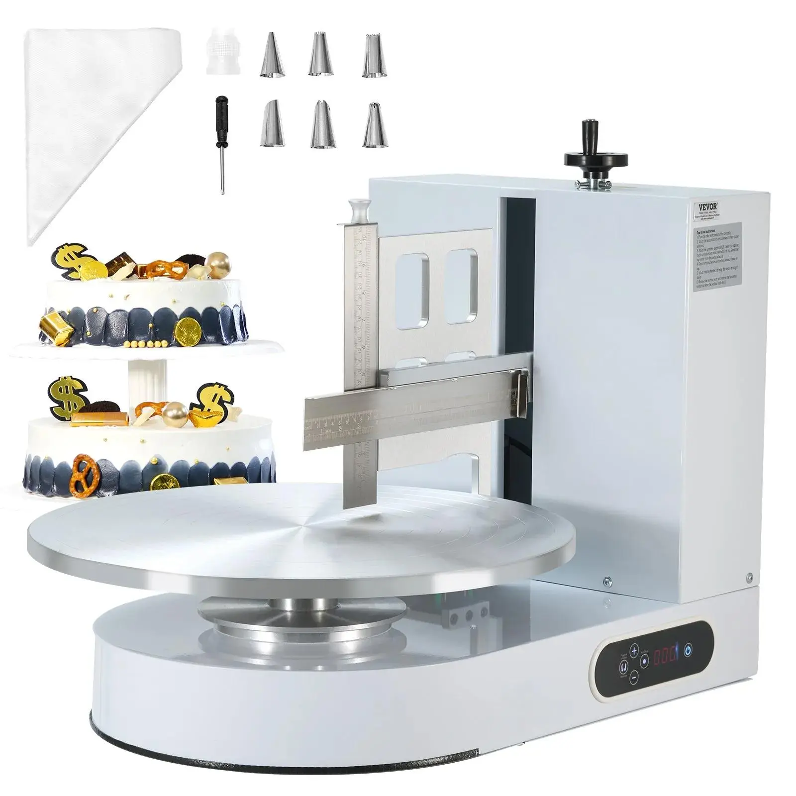 【DealsForYouDays】VEVOR Cake Decorating Machine,  Cake Cream Spreading Coating Smearing Machine, Low Noise Cake Frosting Machine, Turntable with Adjustable Scraper, for 4" to 16" Cake, 25-320RPM Rotating Speed, White